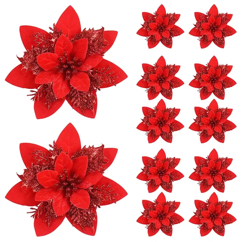 🌸 5/10Pcs Glitter Christmas Flowers – Pink, Red & Gold (14.5cm)