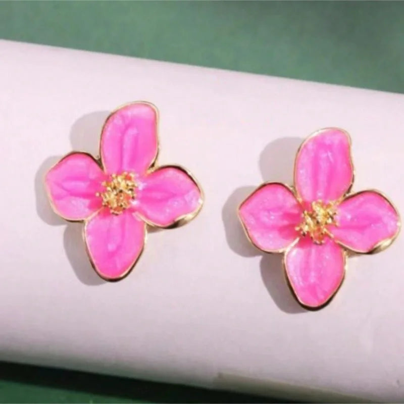 Vintage Hibiscus Glaze Flower Stud Earrings