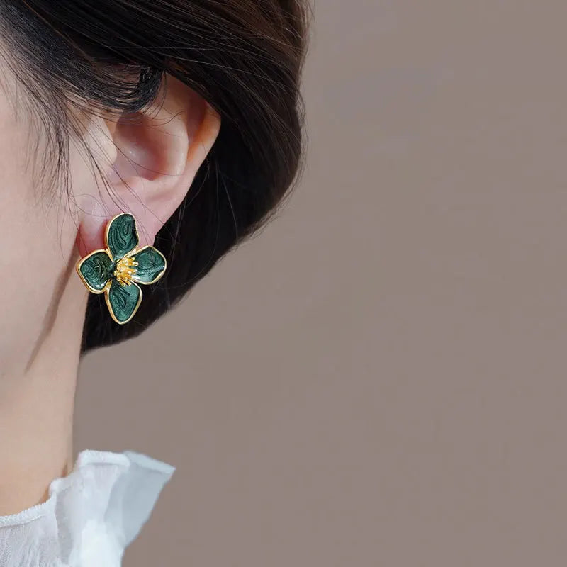 Vintage Hibiscus Glaze Flower Stud Earrings