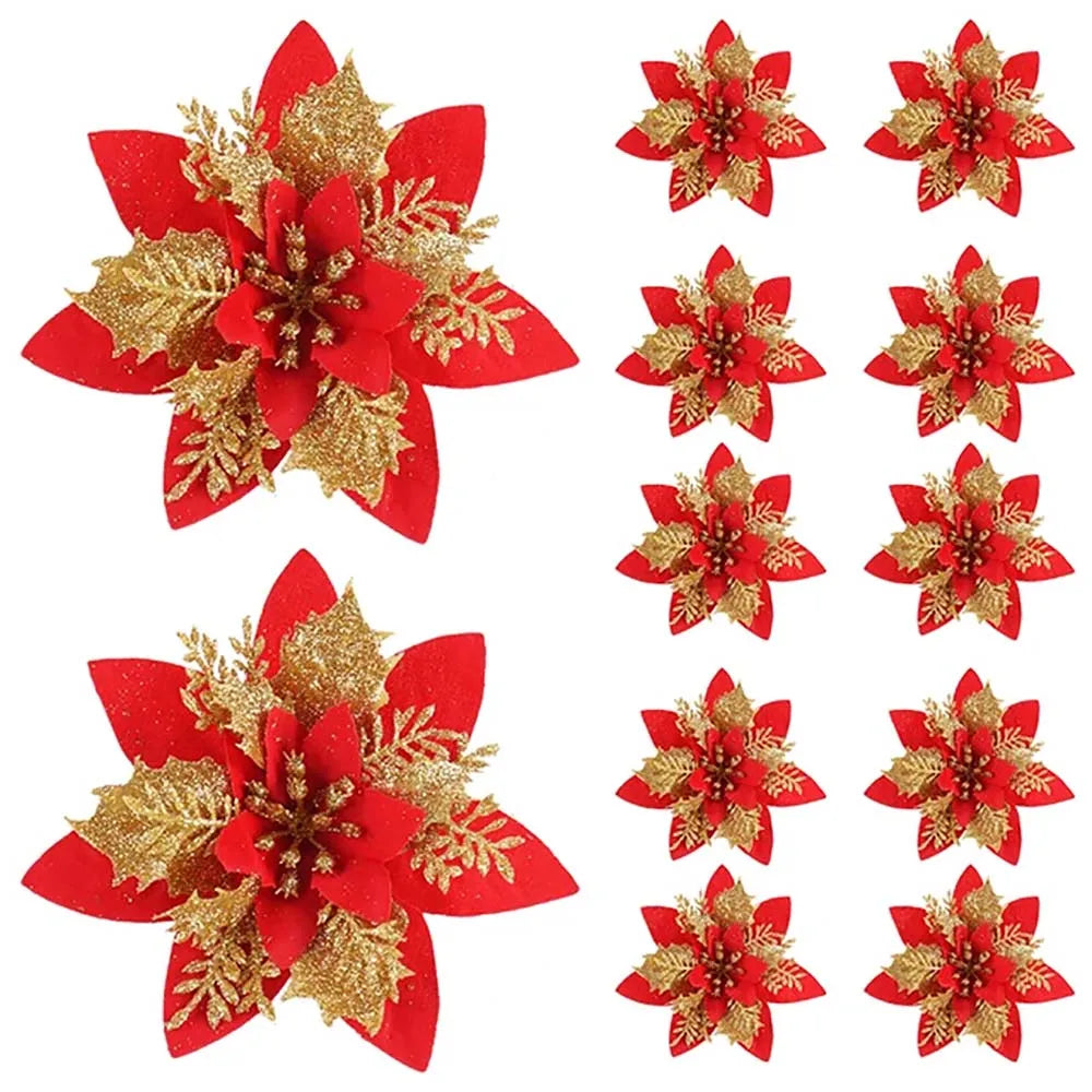 🌸 5/10Pcs Glitter Christmas Flowers – Pink, Red & Gold (14.5cm)