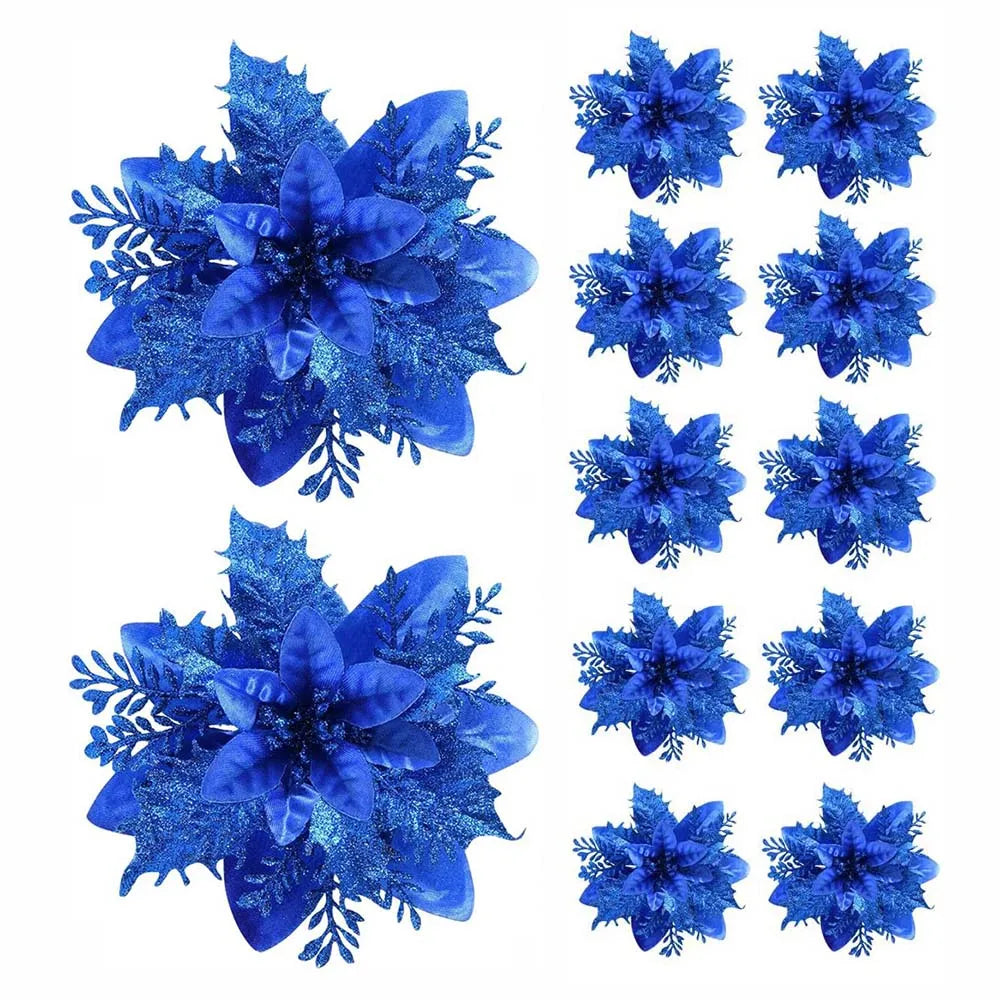🌸 5/10Pcs Glitter Christmas Flowers – Pink, Red & Gold (14.5cm)