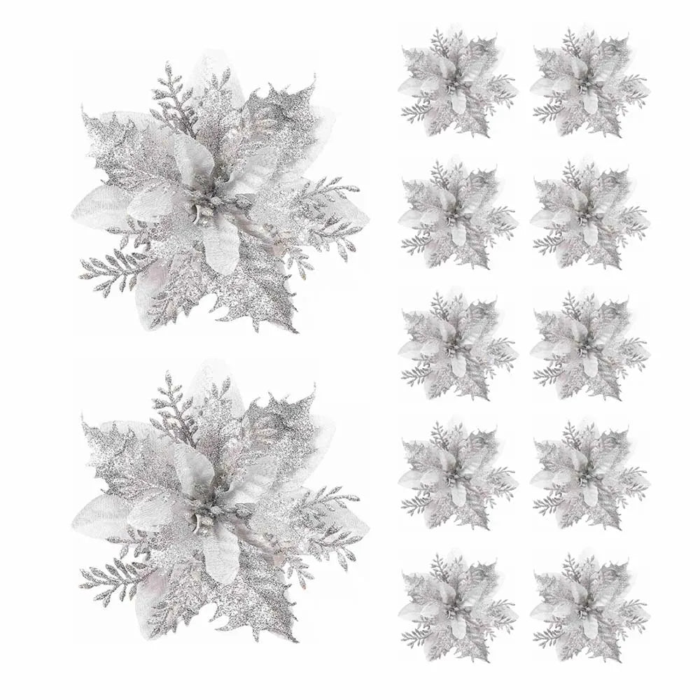 🌸 5/10Pcs Glitter Christmas Flowers – Pink, Red & Gold (14.5cm)