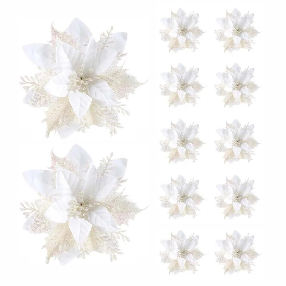 🌸 5/10Pcs Glitter Christmas Flowers – Pink, Red & Gold (14.5cm)