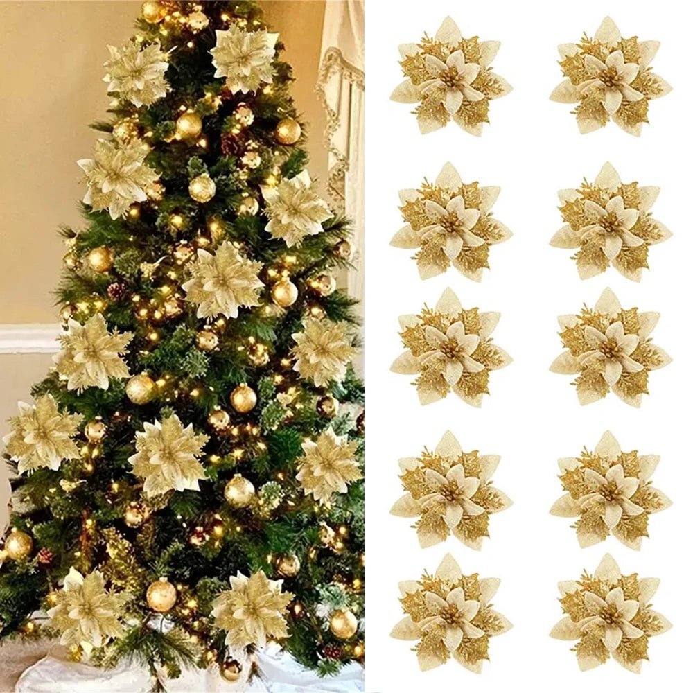 🌸 5/10Pcs Glitter Christmas Flowers – Pink, Red & Gold (14.5cm)