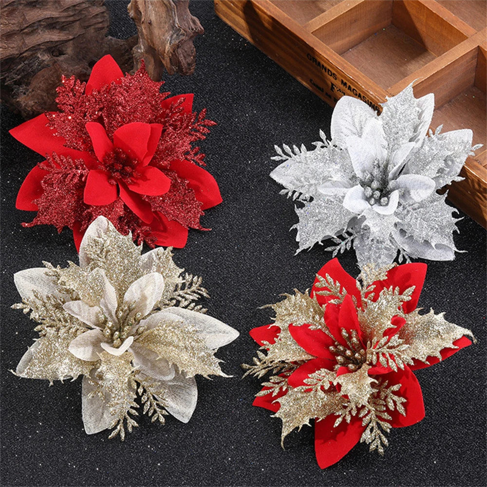 🌸 5/10Pcs Glitter Christmas Flowers – Pink, Red & Gold (14.5cm)