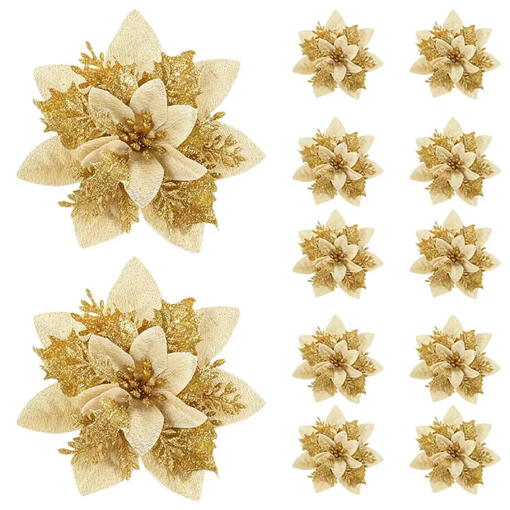 🌸 5/10Pcs Glitter Christmas Flowers – Pink, Red & Gold (14.5cm)