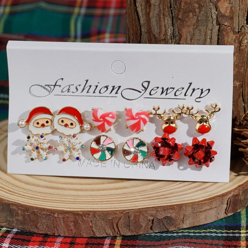 6 Pairs Christmas Zircon Earrings Set