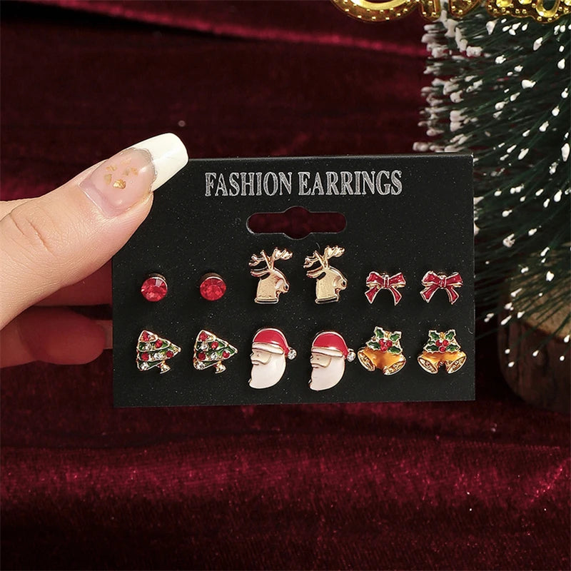 6 Pairs Christmas Zircon Earrings Set